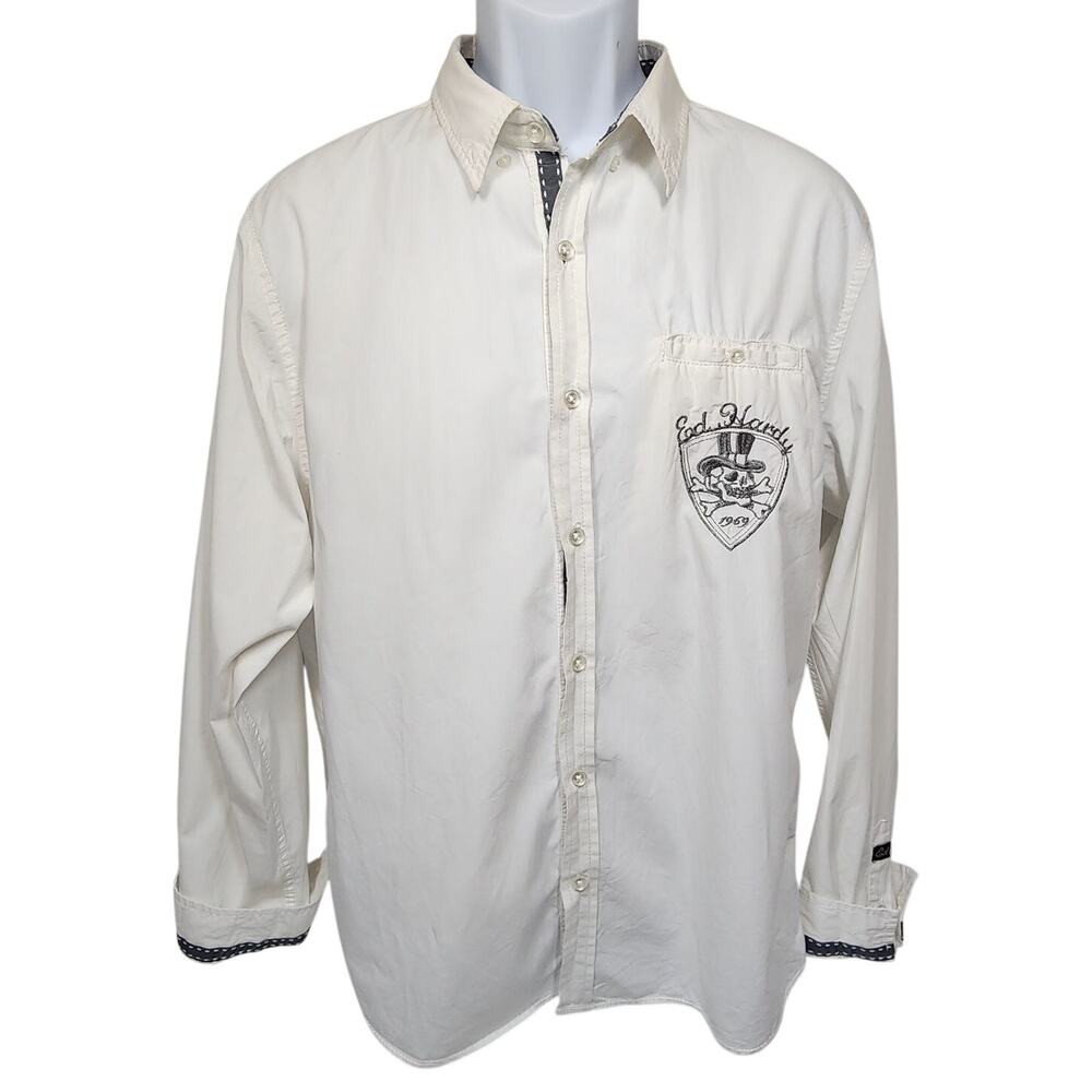 Ed Hardy Long Sleeve White Button-Up Embroidered Skull/Lettering Details Large
